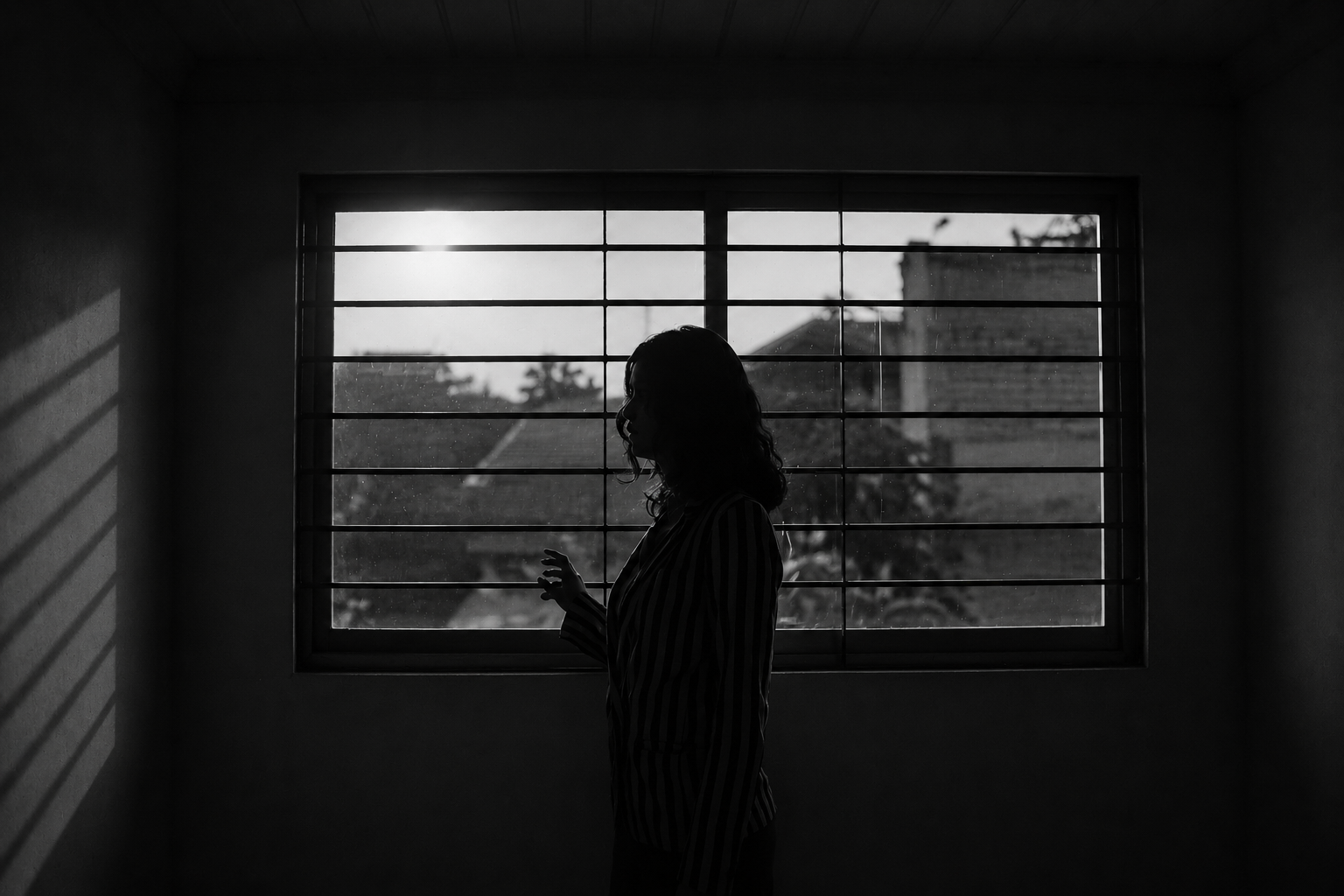 Habitación en penumbra con luz tenue, atmósfera de introspección