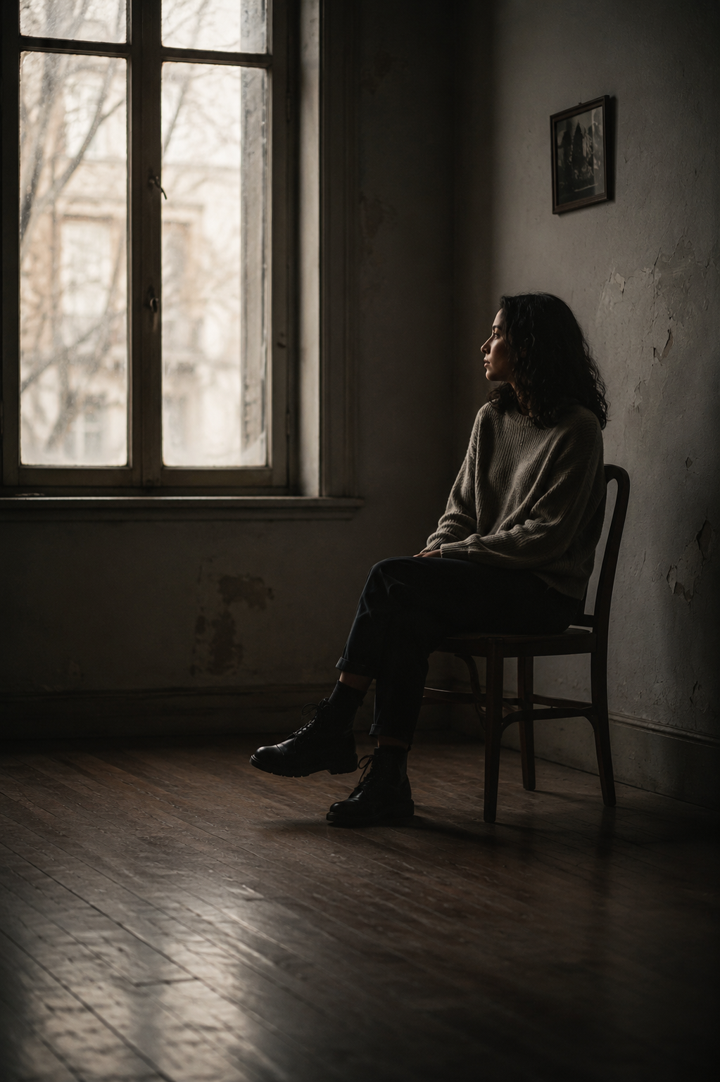 Retrato íntimo, luz cálida, gesto de introspección y cuidado